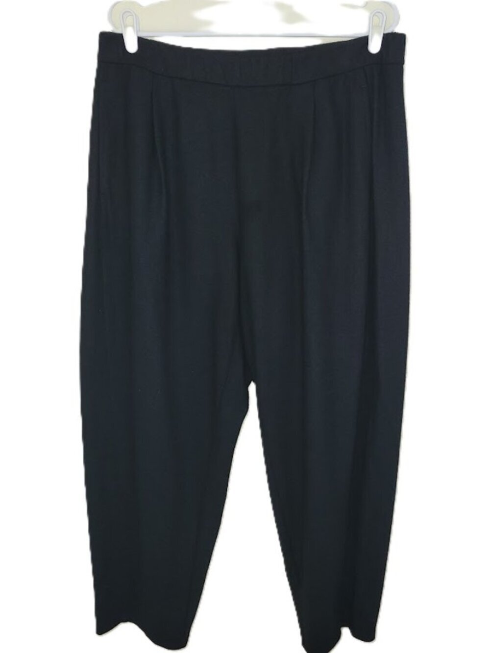 Eileen Fisher Black Wool Straight Leg Pant Elastic Waist 2 Pockets Women's SZ L